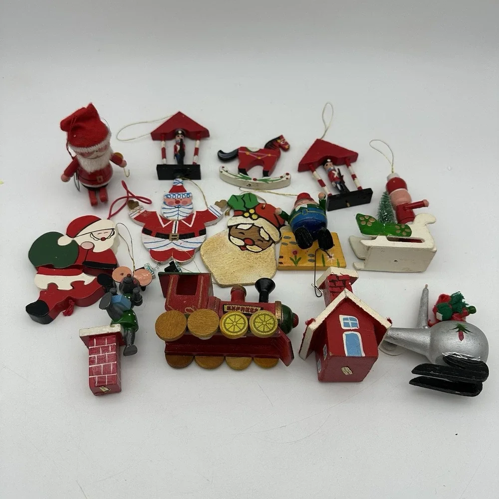 Lot Of 13 VTG wooden ornaments Santa, Train ,Nutcracker, House, Horse, Chimney